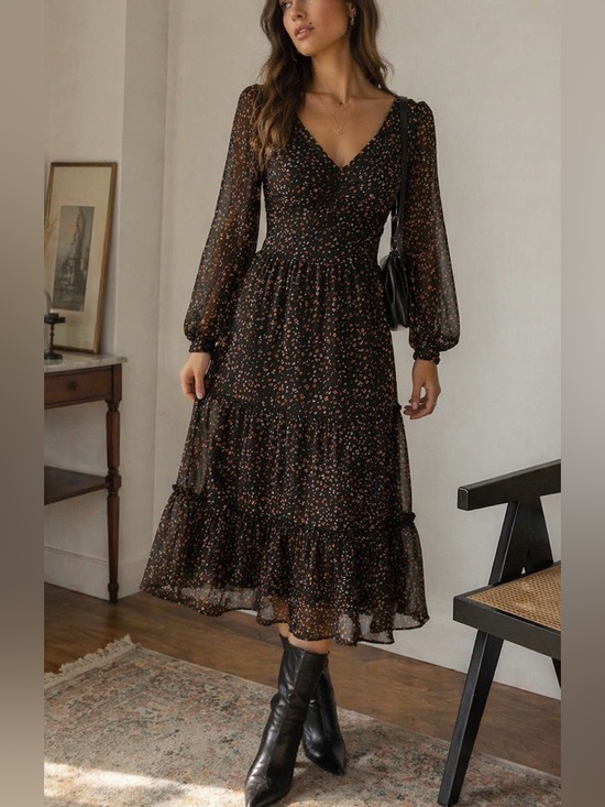 Japna Dresses & Skirts - JAPNA Boho Cottagecore Floral Midi Dress with Smocked Back | Tie Back | Size S